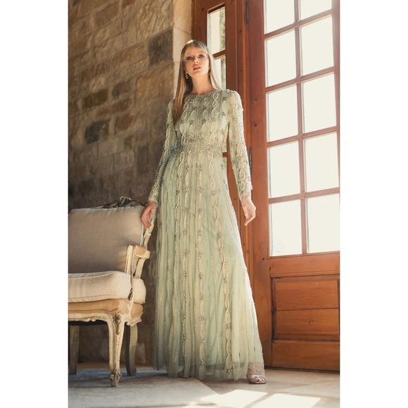 Mac Duggal NEW Embellished Mesh Long Sleeve A Line Gown Nude Sage $1,798 Size 10 - Picture 2 of 16